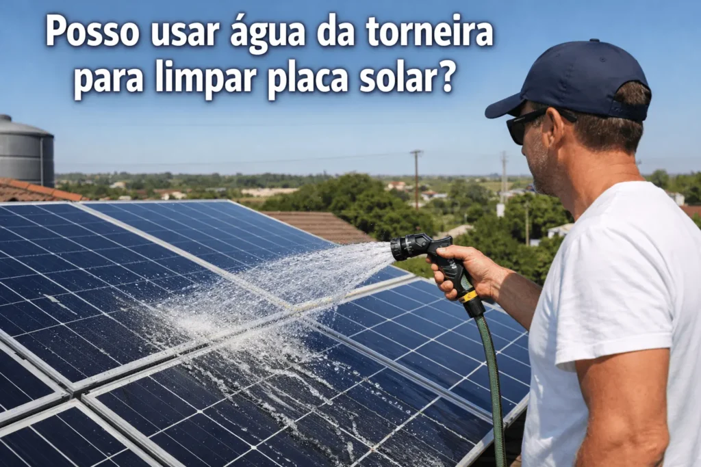 Homem limpando placas solares no telhado com mangueira