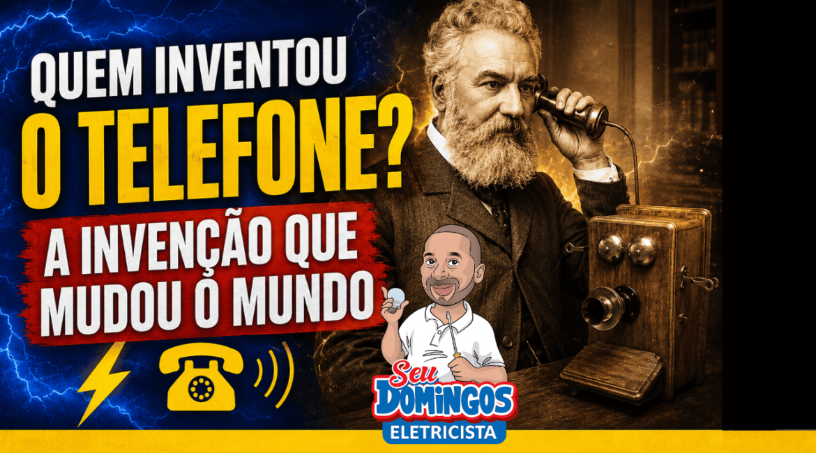 Inventor segurando um dos primeiros modelos de telefone da história