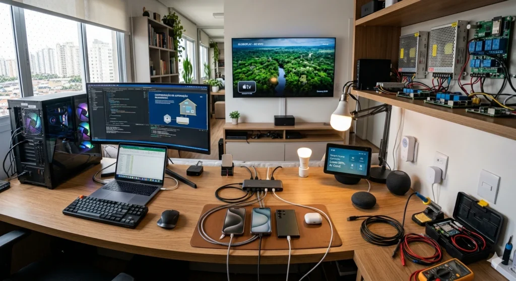 Tecnologia moderna e automação com diversos dispositivos eletrônicos integrados
