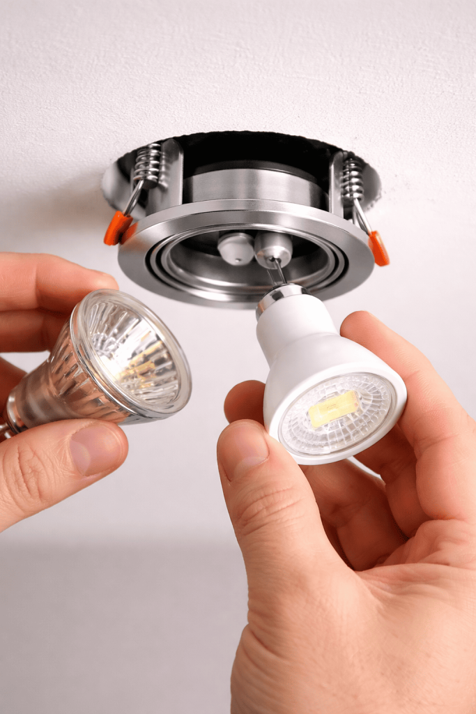 Troca de lâmpada halógena por lâmpada LED em luminária