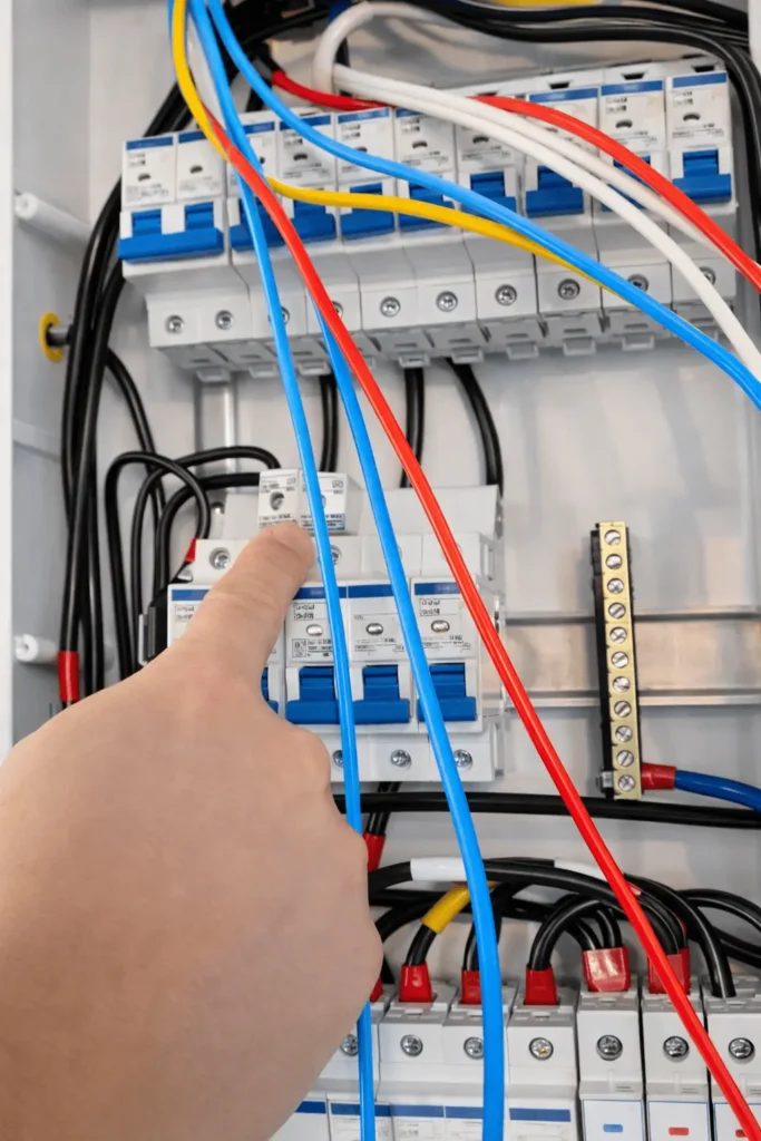 Conexão de condutor elétrico no barramento pente dentro do quadro