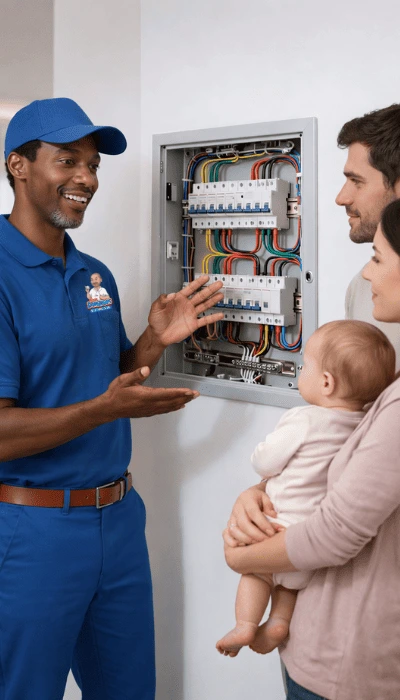 Eletricista explicando painel de energia para casal com bebê no colo