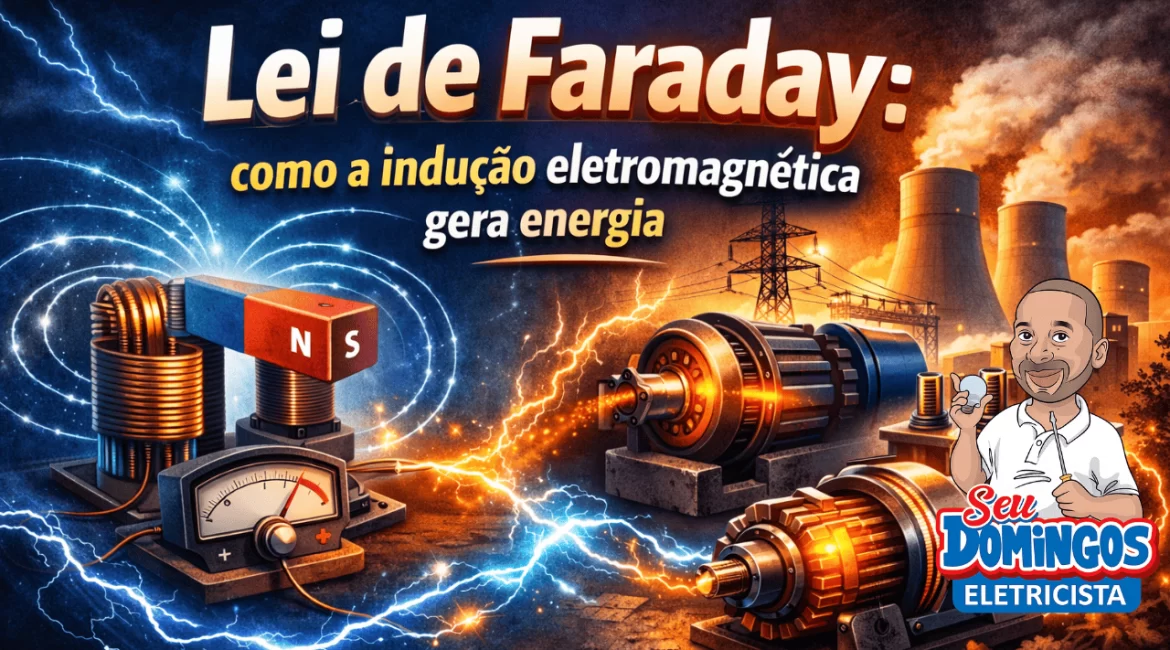 Ilustração da Lei de Faraday com bobina, ímã, geradores e usina elétrica mostrando a geração de energia por indução eletromagnética.