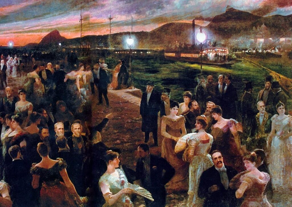 Início da iluminação elétrica no Brasil com postes e lâmpadas em ambientes urbanos históricos