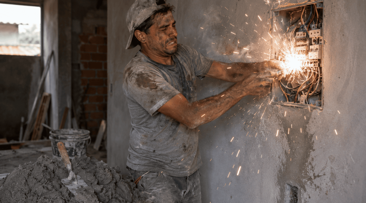 Pedreiro e gesseiro realizando atividades de construção próximos a uma instalação elétrica