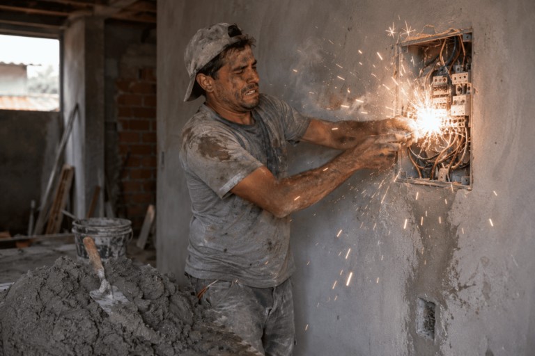 Pedreiro e gesseiro realizando atividades de construção próximos a uma instalação elétrica