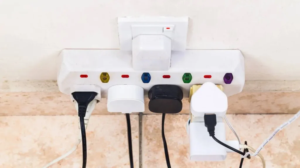 Plugues e tomadas sobrecarregados com vários aparelhos conectados