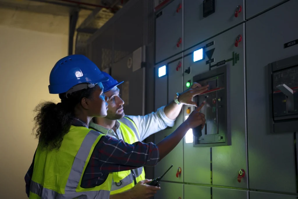 Casal de eletricista homem e mulher uniformizado analisando quadro elétrico