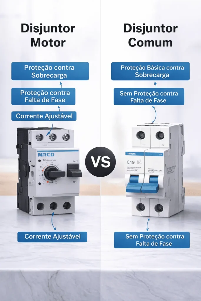 Comparação entre disjuntor motor e disjuntor padrão