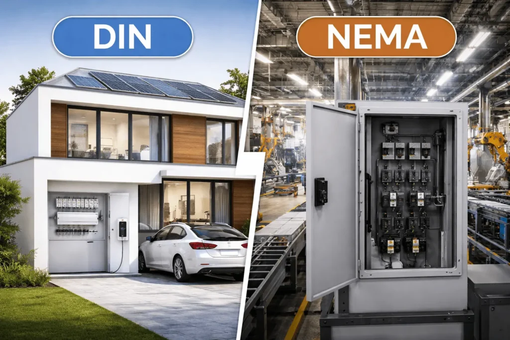 Comparação entre instalação residencial com padrão DIN e industrial com padrão NEMA