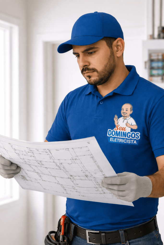eletricista analisando projeto elétrico com cálculos de carga e demanda