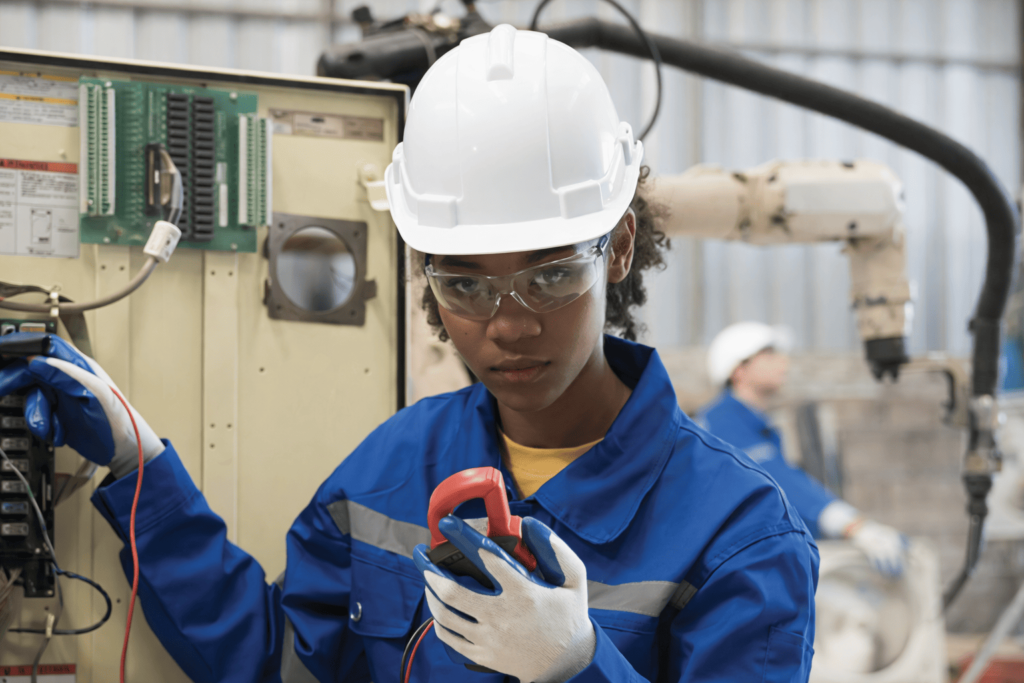 Eletricista mulher realizando manutenção elétrica industrial