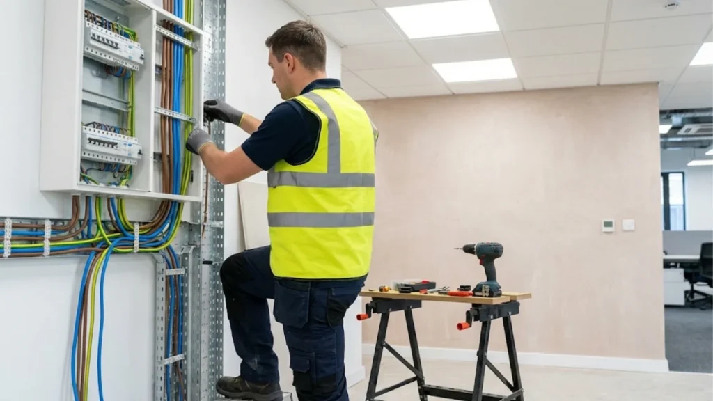 Eletricista realizando trabalho conforme norma técnica