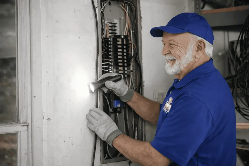Eletricista da equipe Seu Domingos trabalhando no painel elétrico
