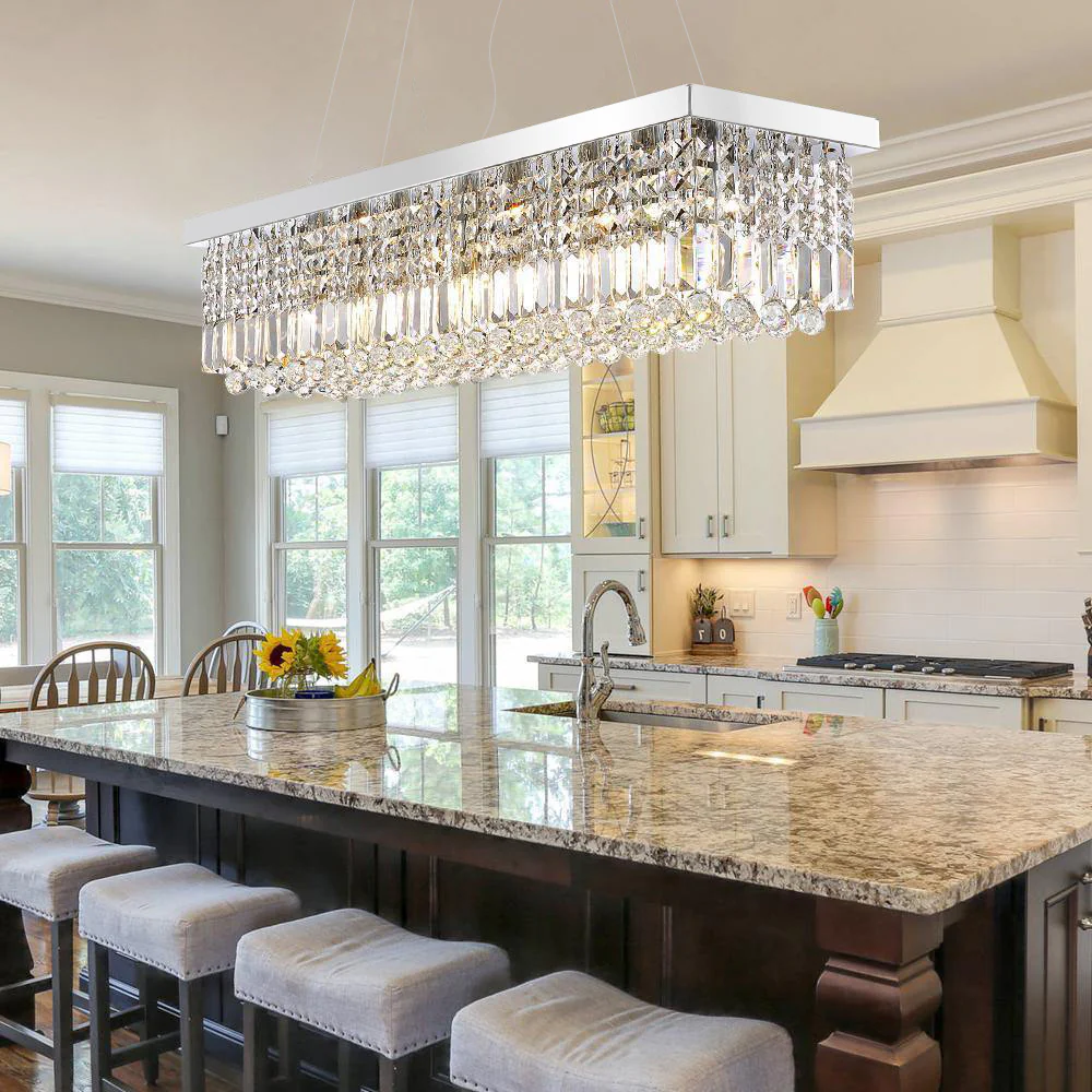 Lustre retangular de cristal em formato de gota na cozinha
