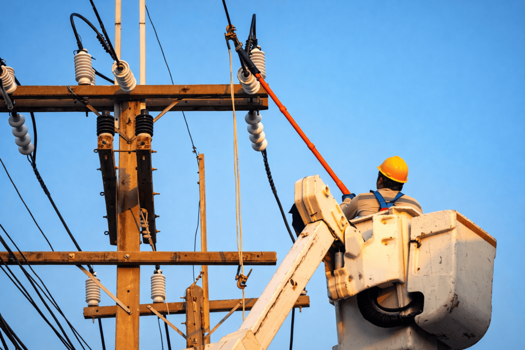 Plataforma elevatória com eletricista trabalhando na rede elétrica