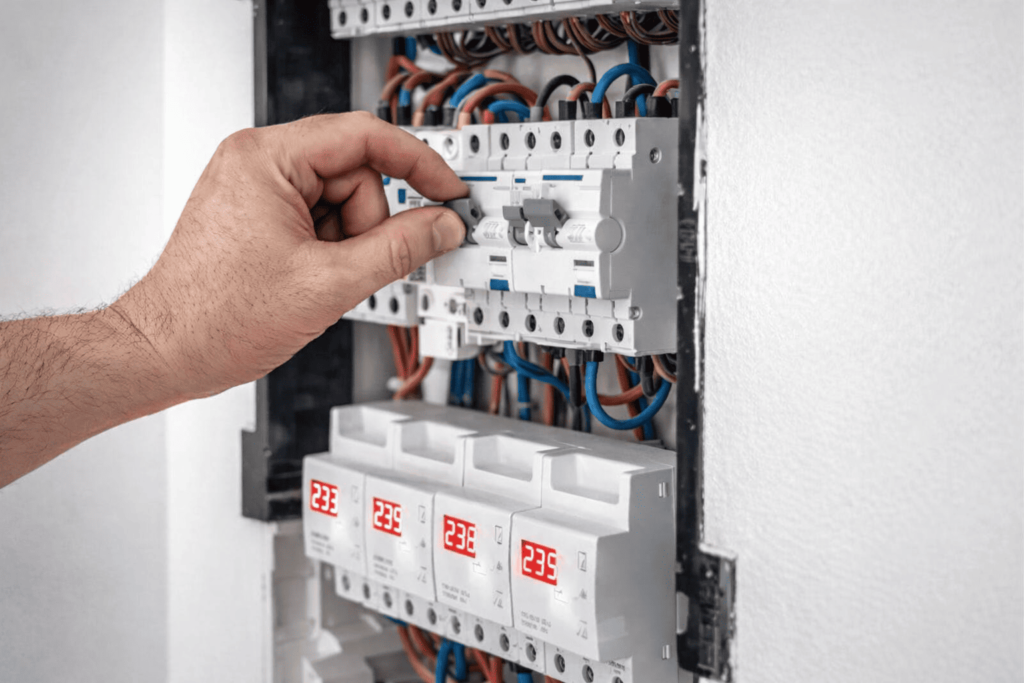 quadro elétrico residencial com disjuntores organizados mostrando distribuição de energia