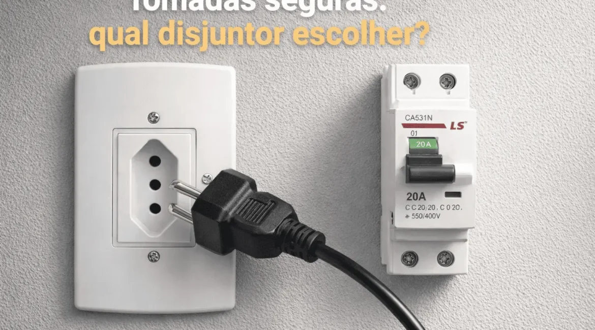 Disjuntor e tomada em detalhes na instalação elétrica