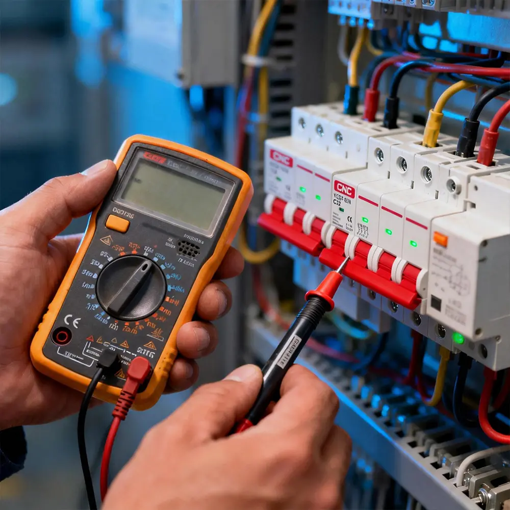 Pessoa verificando quadro de disjuntores residencial