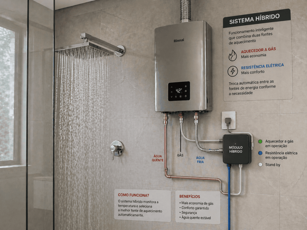 Chuveiro híbrido com aquecedor a gás e resistência elétrica em banheiro moderno