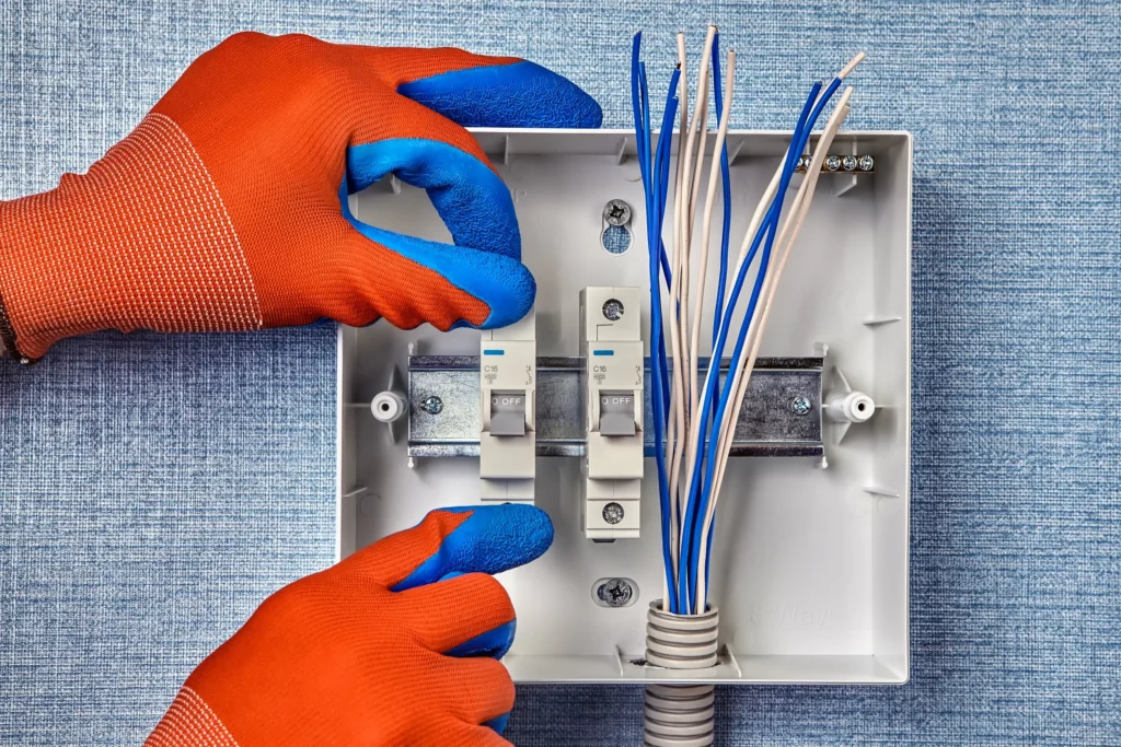 Eletricista realizando reparo em quadro elétrico cheio de fios