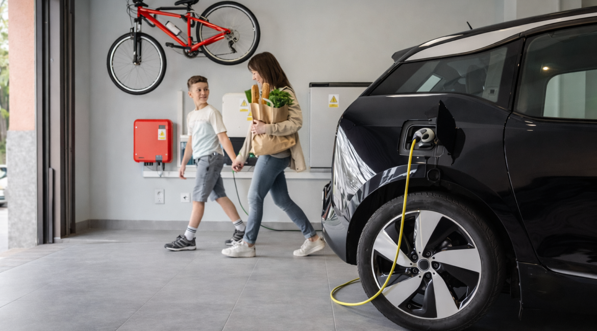 Carro elétrico sendo carregado em residência
