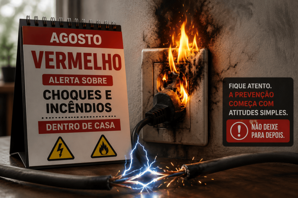 Alerta de risco elétrico e incêndio durante a campanha Agosto Vermelho de conscientização sobre segurança elétrica