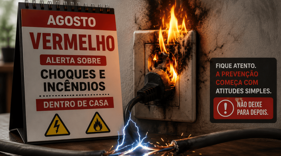 Alerta de risco elétrico e incêndio durante a campanha Agosto Vermelho de conscientização sobre segurança elétrica