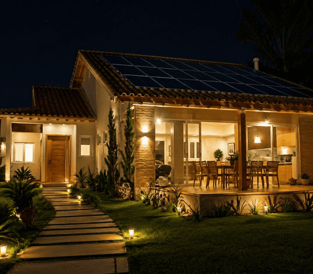 Casa iluminada funcionando com energia solar off-grid durante a noite
