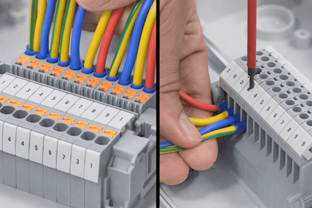 Comparação entre borne de parafuso tradicional e borne push-in em conexões elétricas industriais