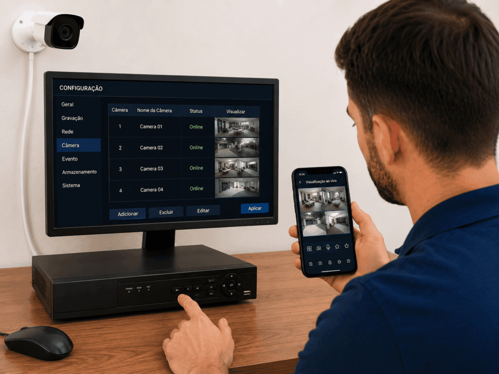 Técnico configurando sistema de monitoramento em celular e computador
