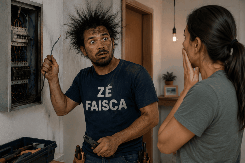 Homem com cabelo arrepiado e camiseta “ZÉ FAISCA” tentando mexer em quadro elétrico após levar choque.