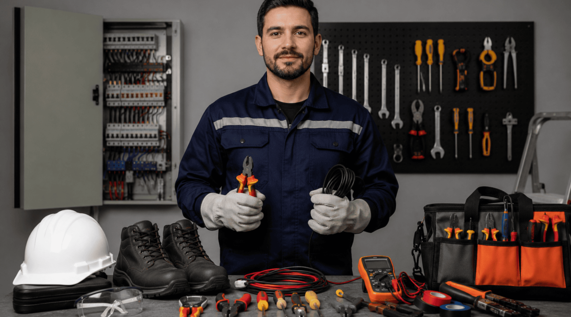 Ferramentas e equipamentos de proteção utilizados por eletricistas profissionais