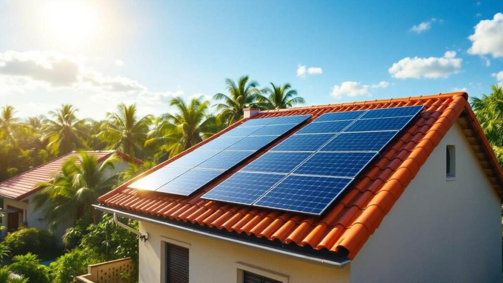 painéis solares instalados em telhado residencial no Brasil gerando energia limpa