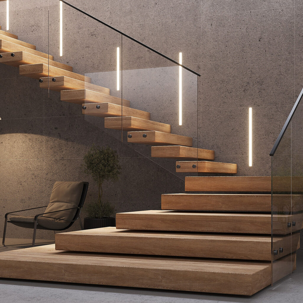 Escada com fita de LED garantindo segurança e elegância