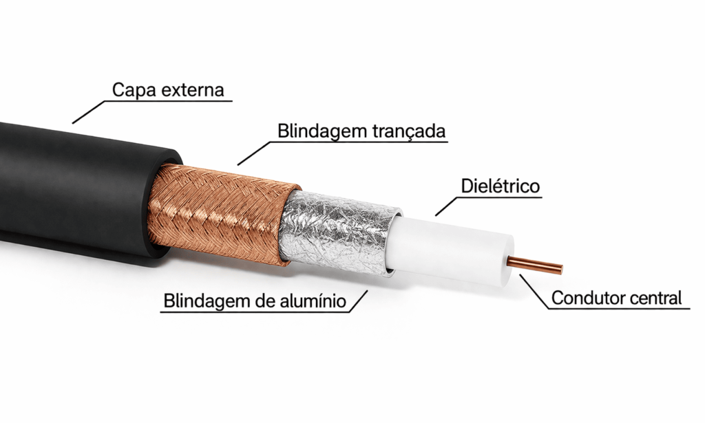 Estrutura interna de cabo com condutor central e blindagem