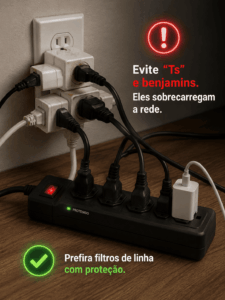 Filtro de linha conectado a aparelhos eletrônicos para evitar sobrecarga na instalação elétrica
