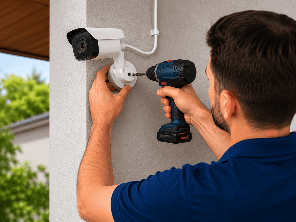 Profissional instalando câmera de segurança na parede externa da residência