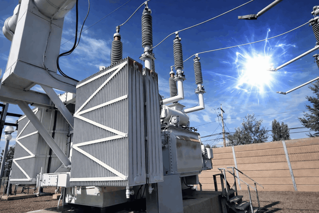 Equipamentos de subestação operando na distribuição de energia