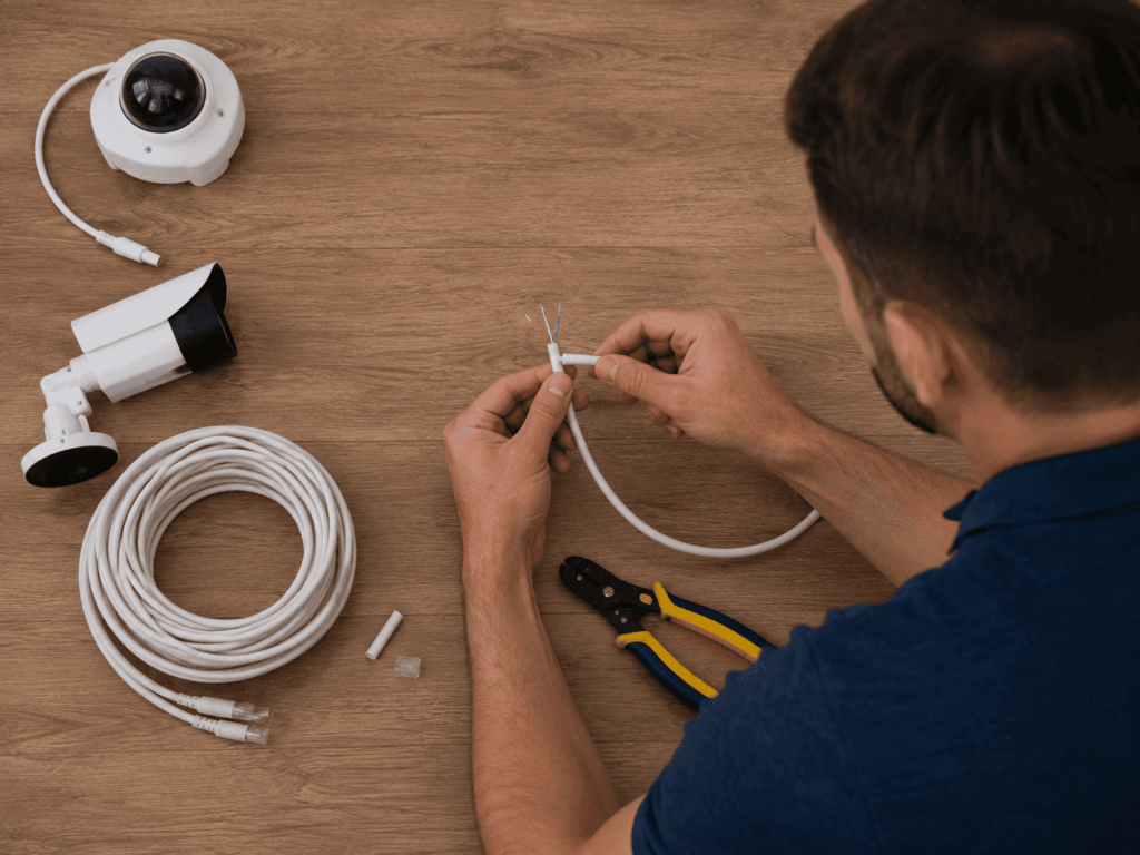 Técnico realizando conexão dos fios durante instalação de câmera de segurança