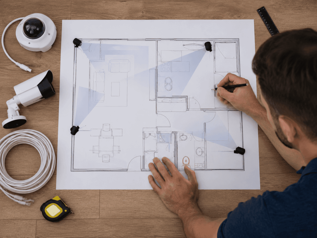 Profissional desenvolvendo projeto de instalação de câmeras de segurança