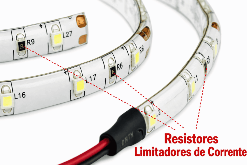 Componentes eletrônicos controlando corrente em circuito de iluminação LED