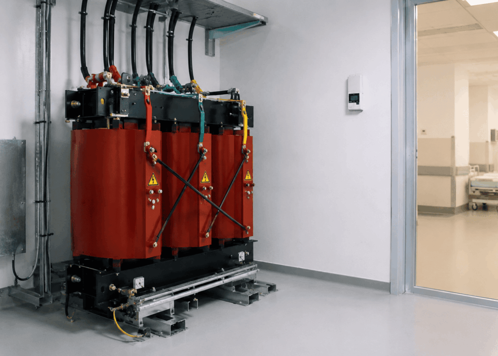 Sala técnica hospitalar com transformador elétrico industrial instalado para fornecimento de energia segura