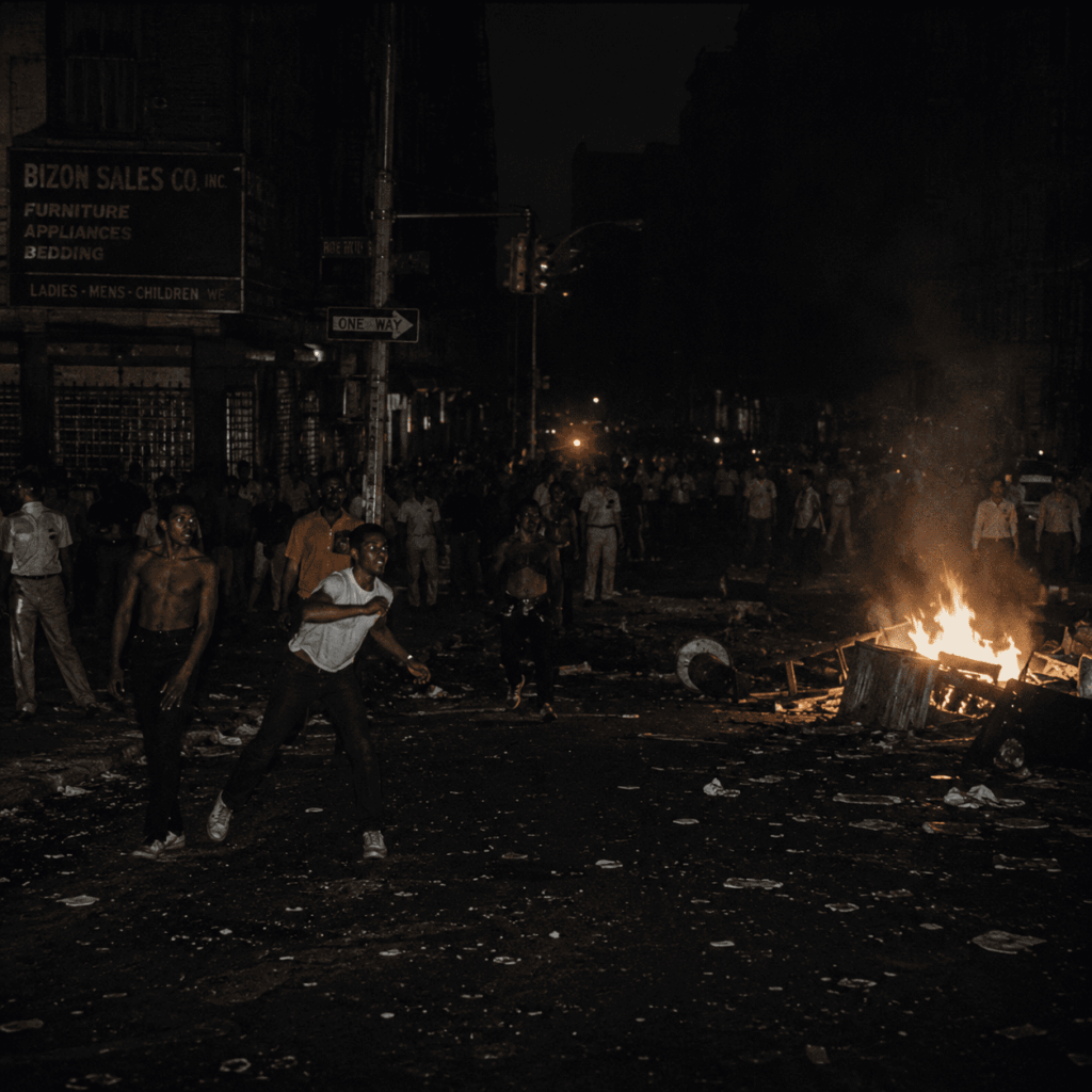 Rua urbana durante apagão com cenário de caos e movimentação intensa de pessoas após falta de energia