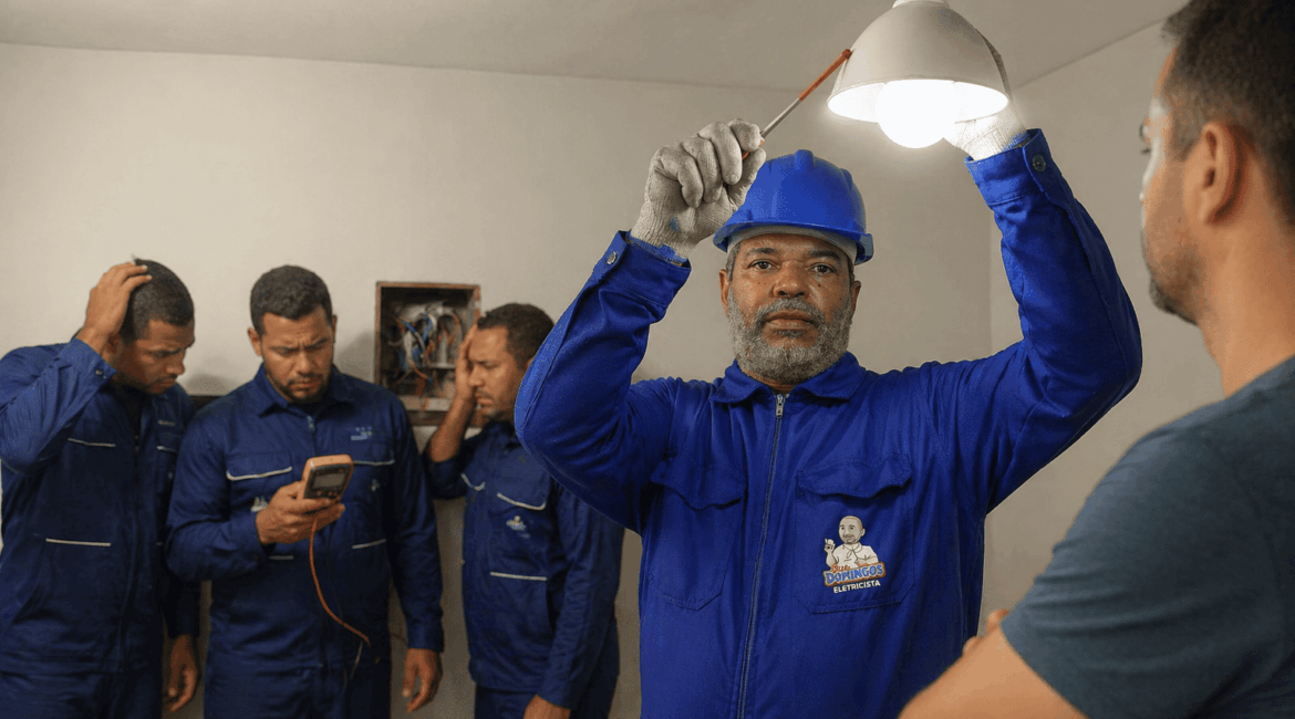 Eletricista realizando serviço em residência de cliente