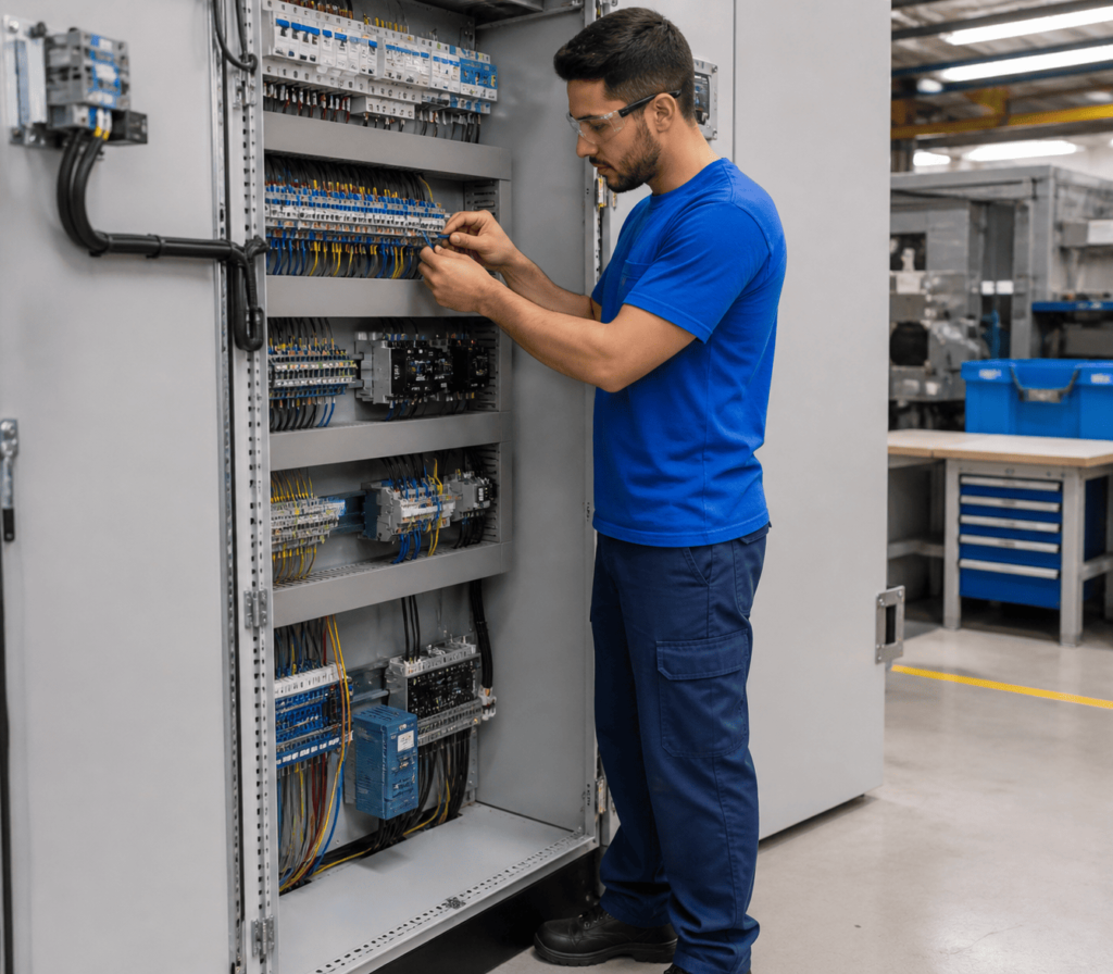 Técnico instalando fio em borne push-in em painel elétrico industrial