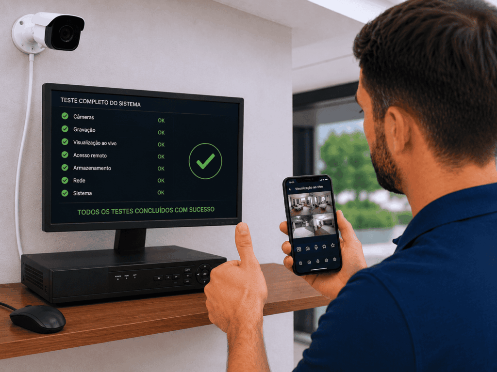 Sistema de câmeras funcionando após instalação e testes de monitoramento
