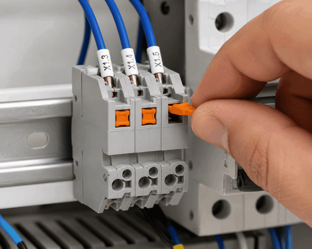 Borne push-in com alavanca usado em instalação elétrica industrial