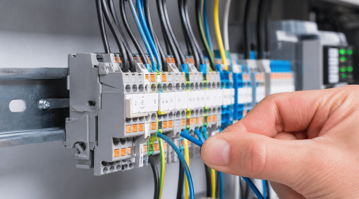 Conector elétrico tipo push-in em painel industrial