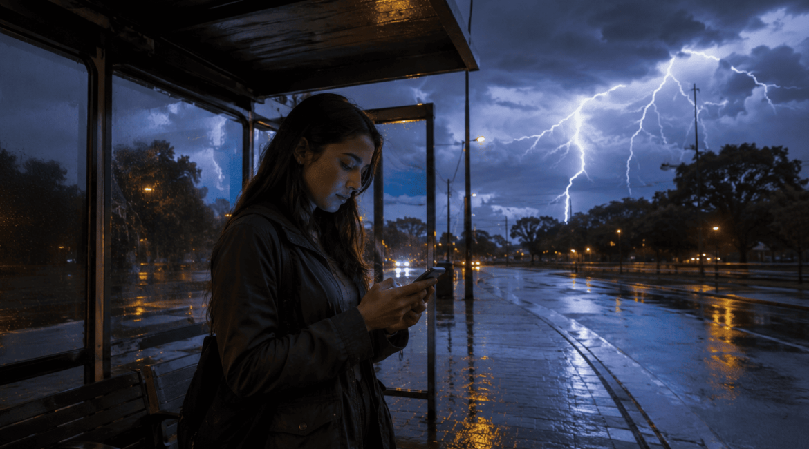 Pessoa usando celular durante tempestade com raios ao fundo